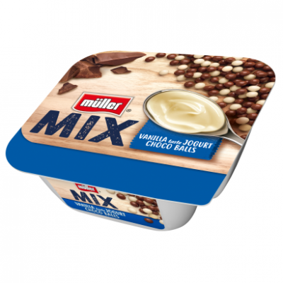 Müller Mix vanília ízesítésű joghurt csokoládéval bevont puffasztott rizsgolyókkal 130 g