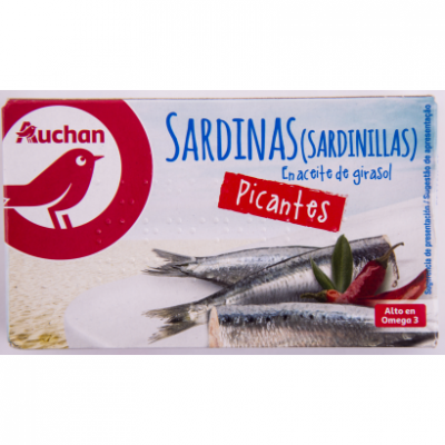 Auchan Kedvenc Chilis Szardínia napraforgó olajban csípős 88 g / 65 g