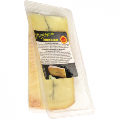 Morbier Le Montagnon zsíros, félkemény, nyers tehéntejből készült sajt, növényi szénnel 220 g
