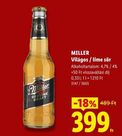 MILLER Világos / lime sör