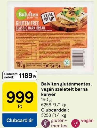 Balviten gluténmentes, vegán szeletelt barna kenyér
