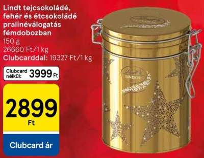 Lindt tejcsokoládé, fehér és étcsokoládé pralinéválogatás fémdobozban