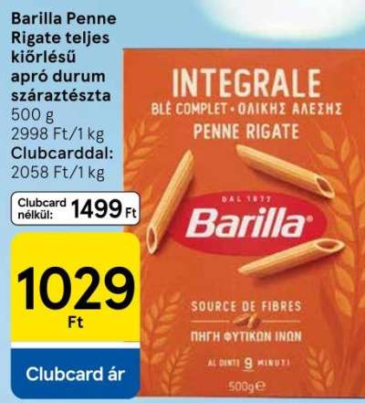 Barilla Penne Rigate teljes kiőrlésű apró durum száraztészta