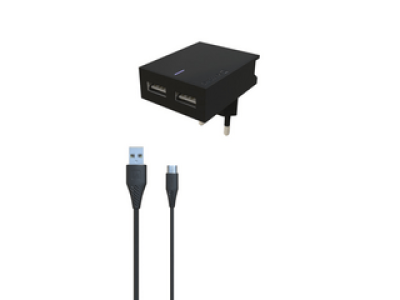 Swissten hálózati gyorstöltő adapter, Smart IC, 2 USB port, 3A, fekete + Type-C kábel (22044000)
