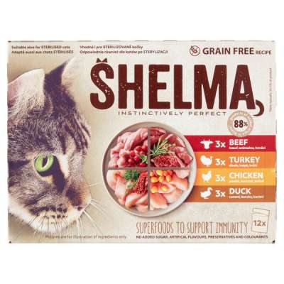 Shelma nedves macskaeledel felnőtt macskának gabonamentes párolt filé alutasakos macskatáp 12 x 85 g - 1020 g