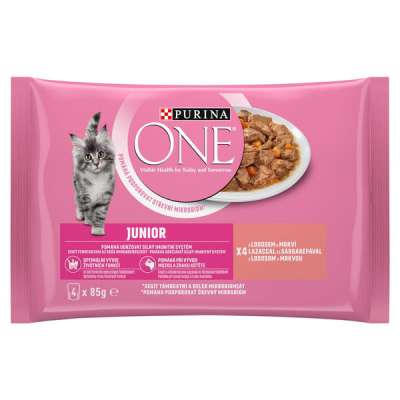 Purina One Junior állateledel macskáknak lazaccal és sárgarépával 4*85 g - 340 g