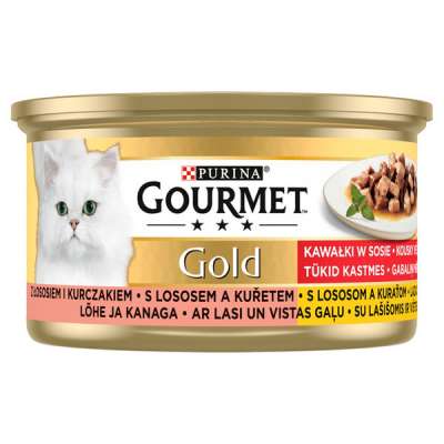 Gourmet Gold felnőtt teljes értékű konzerv macskáknak, lazac és csirke falatok szószban - 85 g