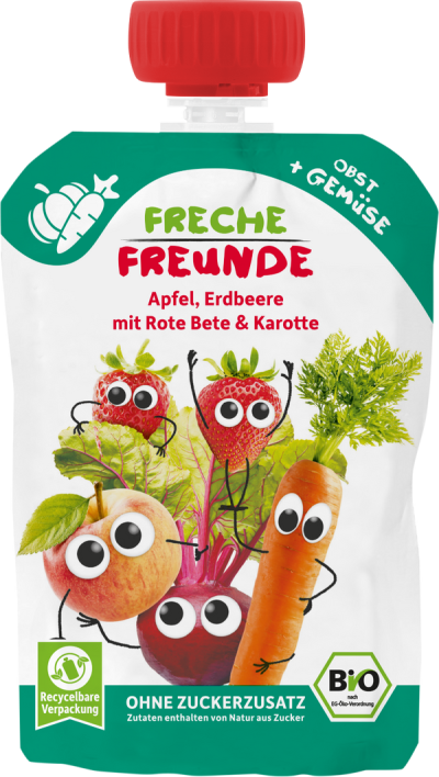 Freche Freunde bio gyümölcs-zöldség püré almával, eperrel, céklával és sárgarépával - 100 g