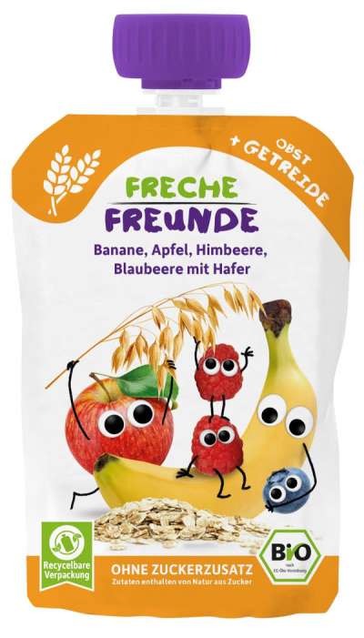 Freche Freunde bio gyümölcskása banán, alma, málna, áfonya, zab 6 hónapos kortól - 100 g