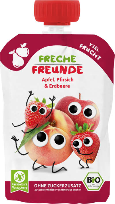 Freche Freunde Bio gyümölcspüré alma őszibarack eper 6 hónapos kortól - 100 g
