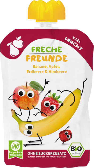 Freche Freunde Bio gyümölcspüré banán, alma, eper, málna - 100 g