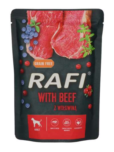Rafi állateledel kutyáknak marhával és vörös-kék áfonyával - 300 g