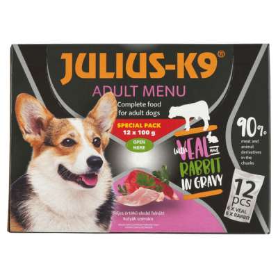 Julius-K9 állateledel kutyáknak borjúval, nyúllal 12x100 g - 1200 g