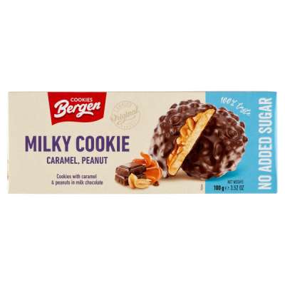 Bergen Milky Cookie tejcsokoládéba mártott keksz karamellával hozzáadott cukor nélkül, édesítőszerrel - 130 g