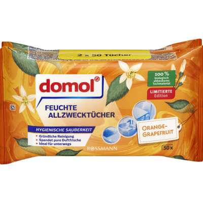 Domol univerzális nedves törlőkendő narancs és grapefruit illattal  2x50 db - 100 db