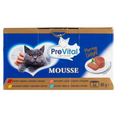 PreVital Mousse nedves macskaeledel, macskatáp felnőtt macskáknak pástétom konzerv (4x85 g) - 340 g