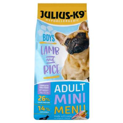 Julius-K9 hipoallergén szárazeledel kis testű fiú kutyáknak báránnal és rizzsel - 1 kg