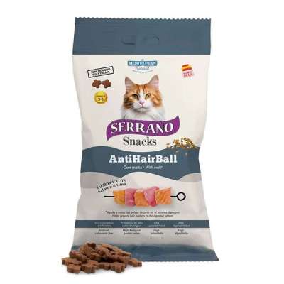 Serrano Anti Hairball macska jutalomfalat szőrlabda ellen lazaccal és tonhallal - 50 g
