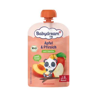 Babydream Bio gyümölcspüré almával, őszibarackkal és vaníliával 6 hónapos kortól - 100 g