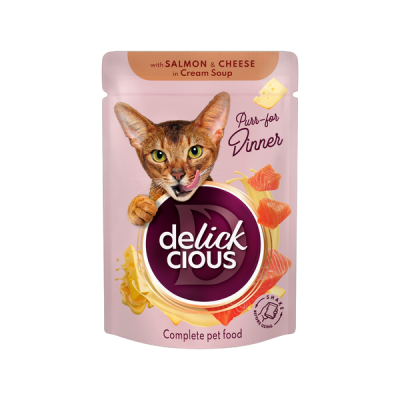 Delickcious krémleves macskáknak lazaccal és sajttal - 85 g