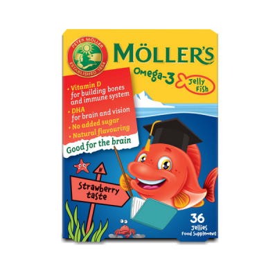 Möller’s Omega-3 étrend-kiegészítő gumivitamin gyerekeknek D-vitaminnal, eper ízesítéssel - 36 db