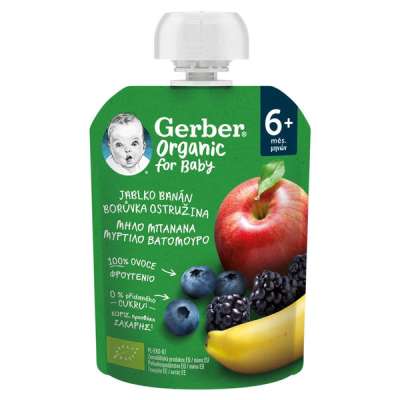 Gerber Organic gyümölcspüré almával, banánnal, áfonyával és szederrel 6 hónapos kortól - 90 g