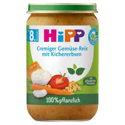 HiPP Bio zöldségek rizzsel, csicseriborsóval és borsófehérjével 8 hónapos kortól - 220 g