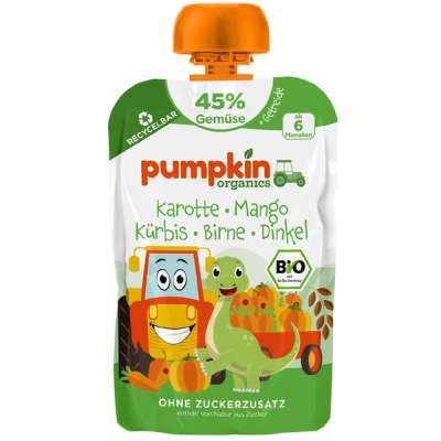 Pumpkin Organics Bio zöldség- és gyümölcspüré sárgarépával, mangóval, sütőtökkel, körtével és tönköllyel 6 hónapos kortól - 100 g