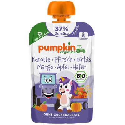 Pumpkin Organics Bio zöldség- és gyümölcspüré sárgarépával, őszibarackkal, sütőtökkel, mangóval, almával és zabbal 6 hónapos kortól - 100 g