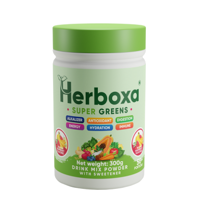 Herboxa Super Greens étrend-kiegészítő por banán és mála ízesítéssel - 300 g