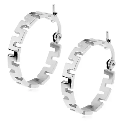 Acél fülbevaló ezüst színben, karikák görök kulcs mintájával