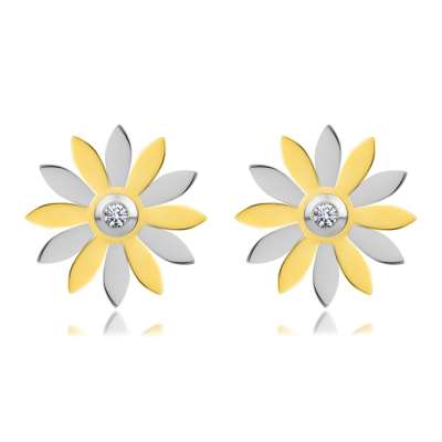Acél fülbevaló - virág arany és ezüst szirmokkal, cirkónia