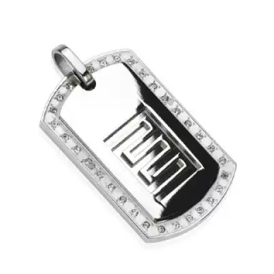 Minőségi acél medál - ovális lap, cirkónia köves szegély