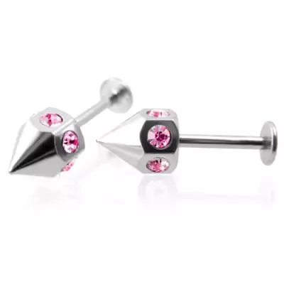 Labret - tüske, pink cirkónia kövekkel, 2 darab