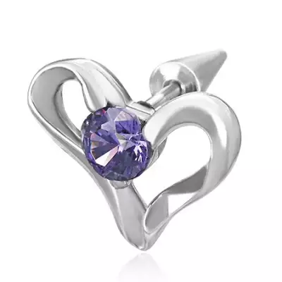 Hamis acél fülpiercing - szív és lila cirkónia