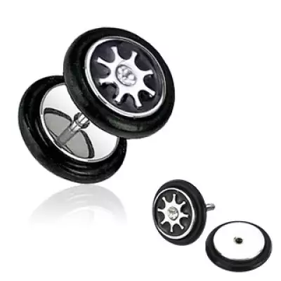 Hamis acél fültágító - plug, ezüst nap, cirkónia