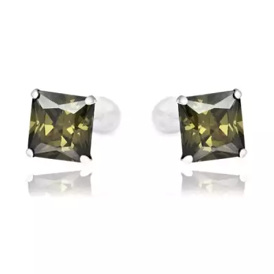 Bedugós ezüst fülbevaló - sötétzöld cirkónia négyzet, 7 mm