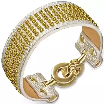 Bőrkarkötő - ezüstszínű, arany gömböcskékkel és karika kapoccsal