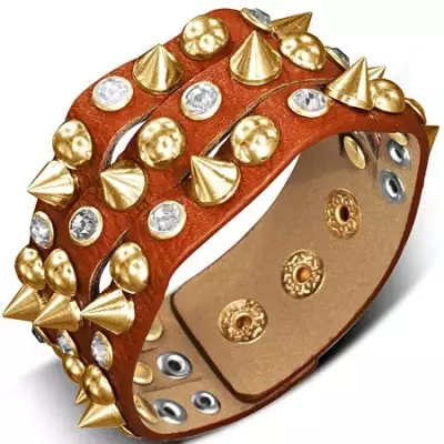 Szalagos bőr karkötő - vörösesbarna, szegecsek és cirkóniák