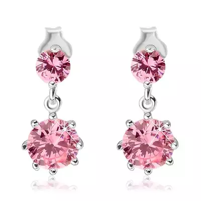 925 ezüst fülbevaló - rózsaszín cirkónia koronás fogatban, bedugós