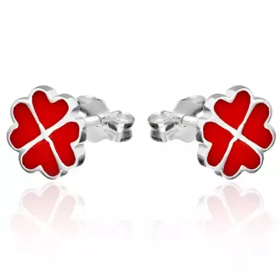 Bedugós ezüst fülbevaló - piros szívek négylevelű lóherében