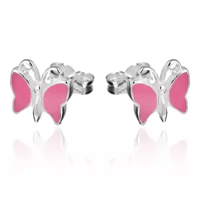 Ezüst beszúrós fülbevaló - rózsaszín pillangó