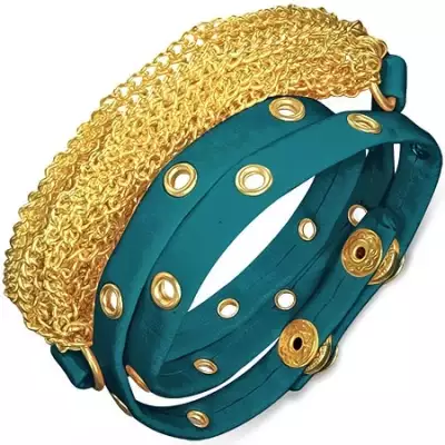 Karkötő bőrből - szegecsekkel kivert kék szalag arany színű láncokkal