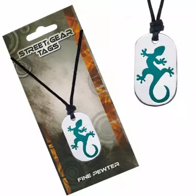 Fekete madzagos nyaklánc, ezüst színű medál zöld gyíkocskával