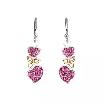925 ezüst fülbevaló - rózsaszín szívek és arany színű kelta hurok