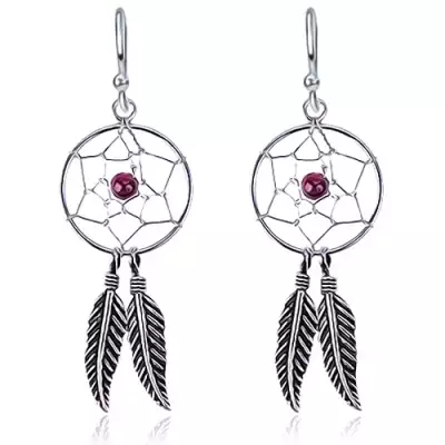 Függő fülbevaló 925 ezüstből - kerek álomfogó, lila gyöngy