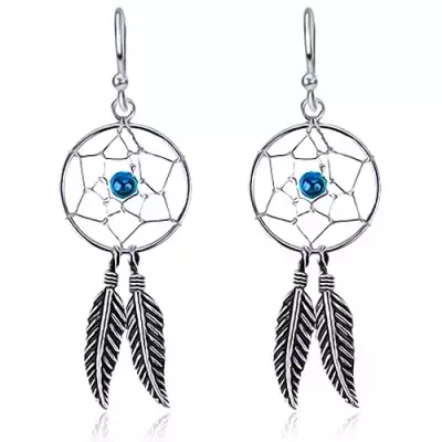 925 ezüst fülbevaló kerek álomfogóval, kék kövecske, tollak