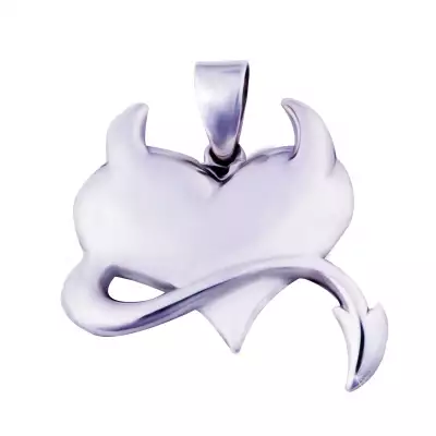 Fényes ezüst szív behajlított farokkal és szarvakkal