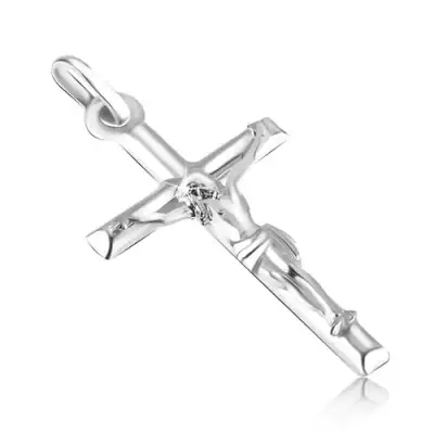 Medál fehér aranyból - sima latin kereszt kitüremlő Krisztussal