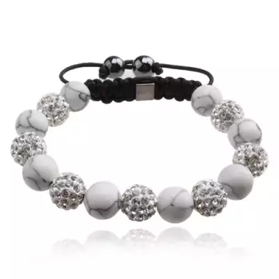 Shamballa karkötő, fehér márványos gyöngyök, átlátszó kövek